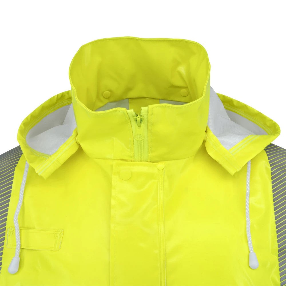 ANSI Class 3 Hi-Vis Self-Extinguishing Rain Trench Coat with Waterproof PVC Coating & Segmented Reflective Tape