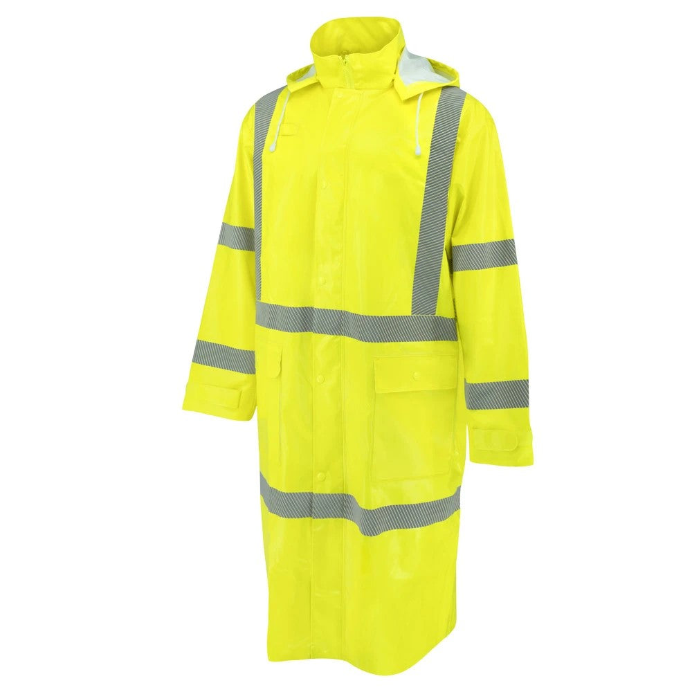 ANSI Class 3 Hi-Vis Self-Extinguishing Rain Trench Coat with Waterproof PVC Coating & Segmented Reflective Tape