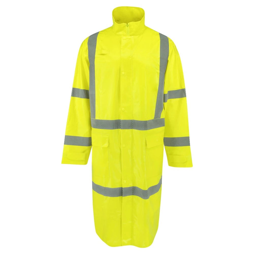 ANSI Class 3 Hi-Vis Self-Extinguishing Rain Trench Coat with Waterproof PVC Coating & Segmented Reflective Tape