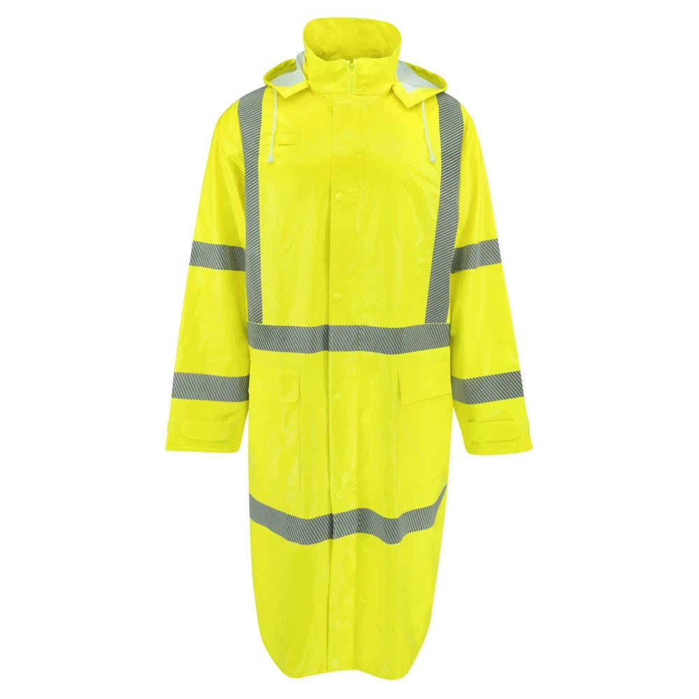 ANSI Class 3 Hi-Vis Self-Extinguishing Rain Trench Coat with Waterproof PVC Coating & Segmented Reflective Tape