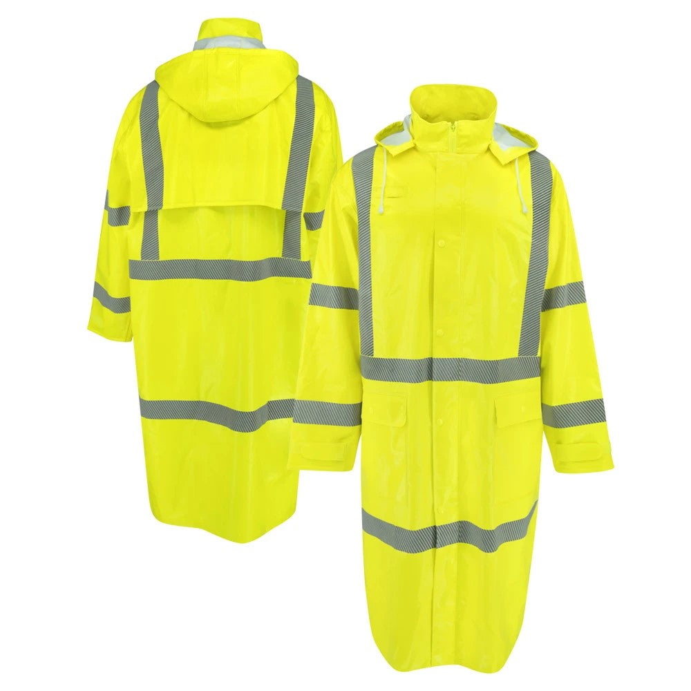 ANSI Class 3 Hi-Vis Self-Extinguishing Rain Trench Coat with Waterproof PVC Coating & Segmented Reflective Tape