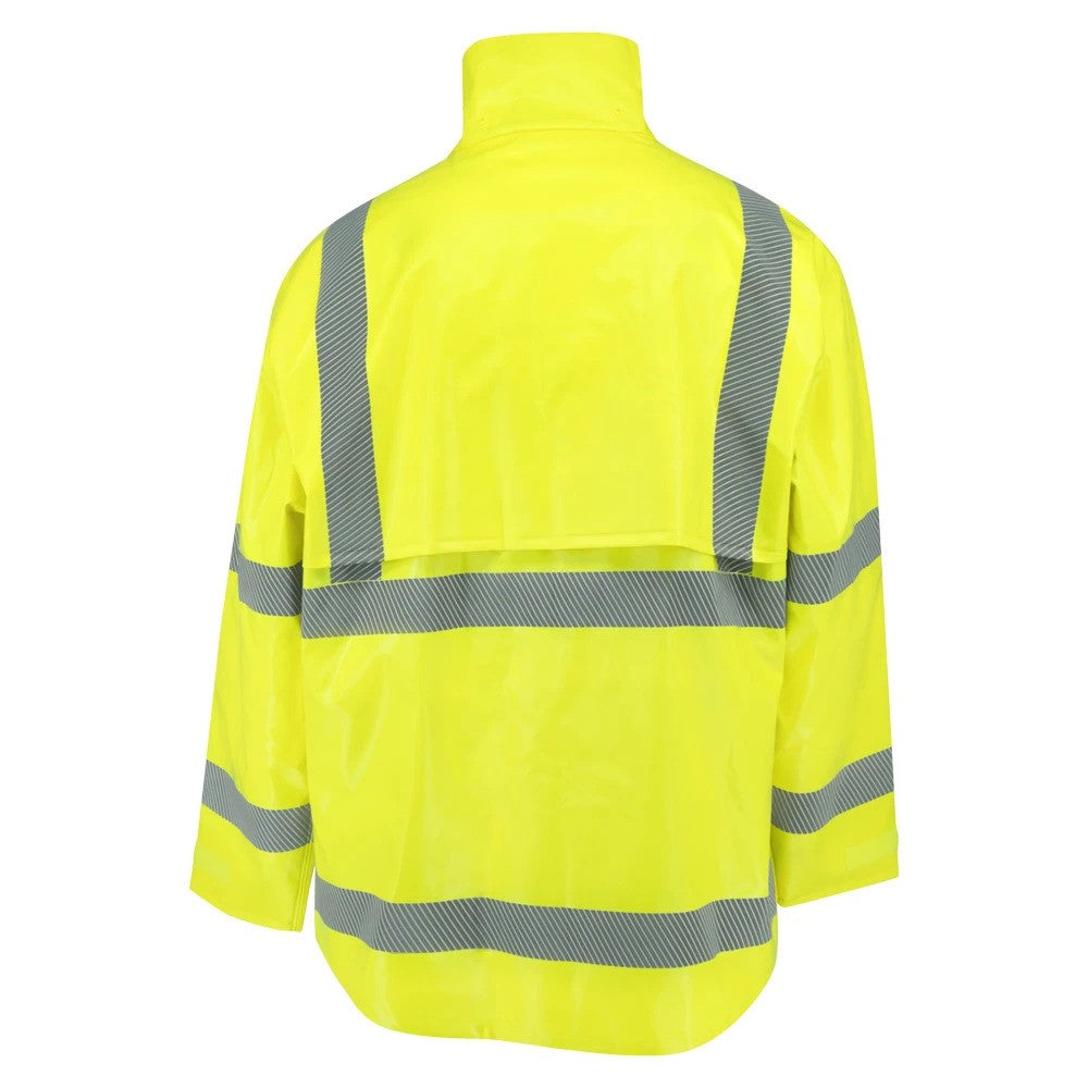 ANSI Class 3 Hi-Vis Self-Extinguishing Rain Jacket with Waterproof PVC Coating & Reflective Tape