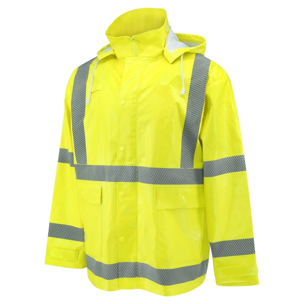 ANSI Class 3 Hi-Vis Self-Extinguishing Rain Jacket with Waterproof PVC Coating & Reflective Tape