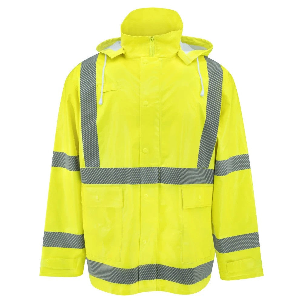 ANSI Class 3 Hi-Vis Self-Extinguishing Rain Jacket with Waterproof PVC Coating & Reflective Tape