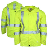 ANSI Class 3 Lightweight Waterproof Ripstop Rain Jacket with Reflective Tape & Concealed Hood