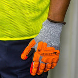 ANSI A5 Cut Resistant Nitrile Dipped Work Gloves with Dorsal Impact Protection, Reflective Backing & Sandy Grip Coating