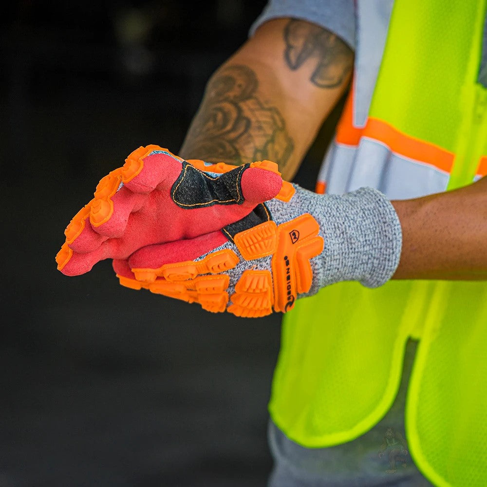 ANSI A5 Cut Resistant Nitrile Dipped Work Gloves with Dorsal Impact Protection, Reflective Backing & Sandy Grip Coating