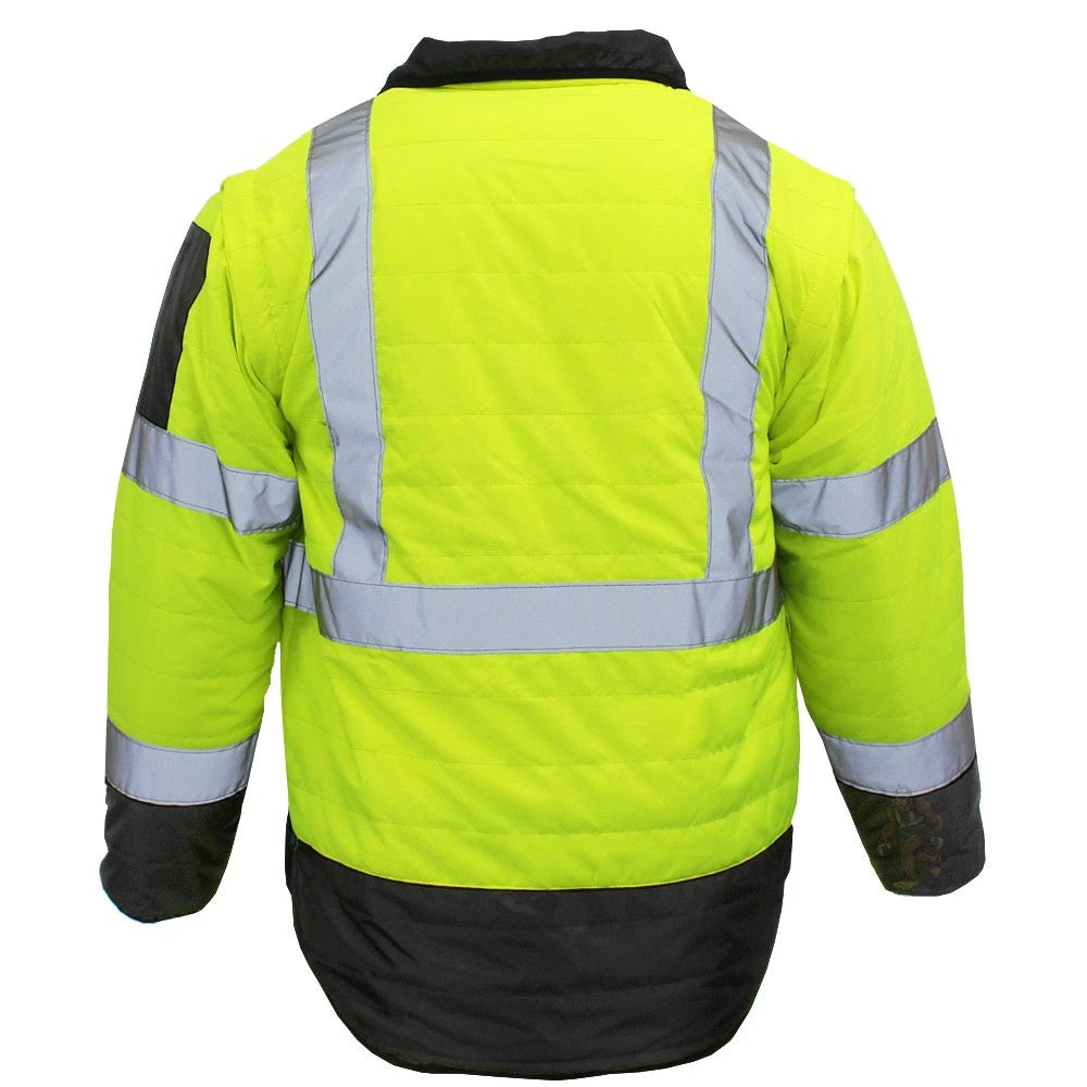 ANSI Class 3 Hi-Vis 4-in-1 Safety Puffer Jacket with Removable Sleeves, Waterproof Shell & Reflective Tape