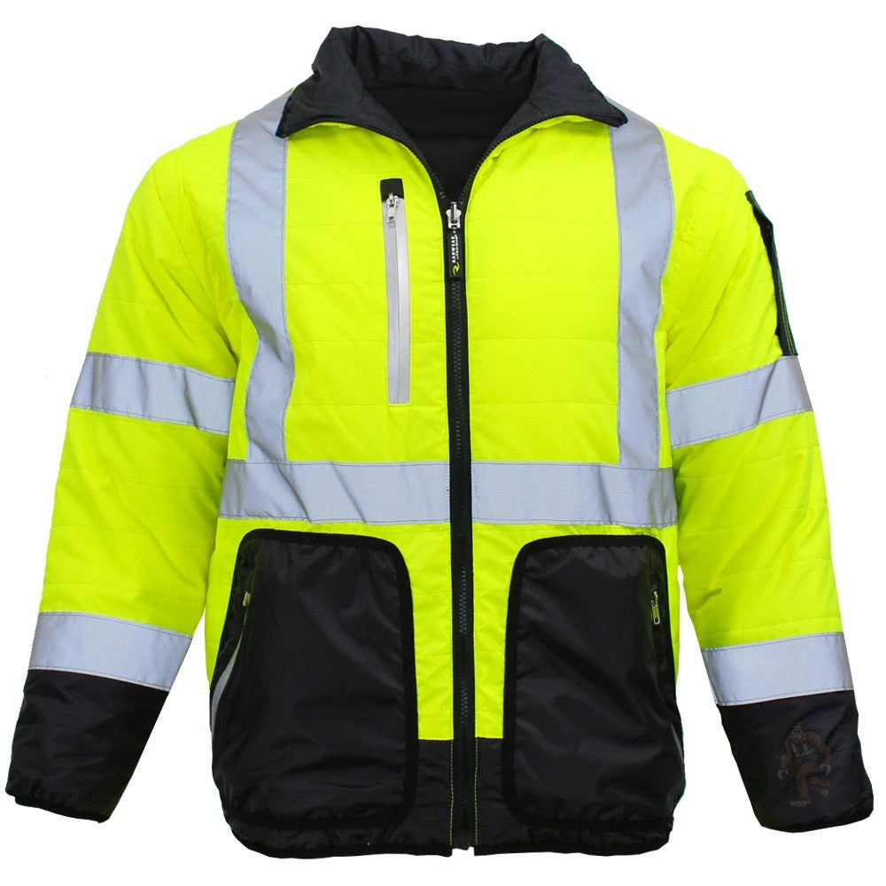 ANSI Class 3 Hi-Vis 4-in-1 Safety Puffer Jacket with Removable Sleeves, Waterproof Shell & Reflective Tape