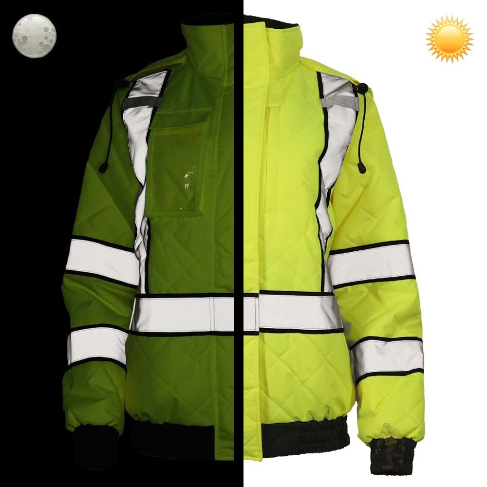 Women’s ANSI Class 3 Hi-Vis Bomber Safety Jacket with Waterproof Weatherproof Shell & Reflective Tape