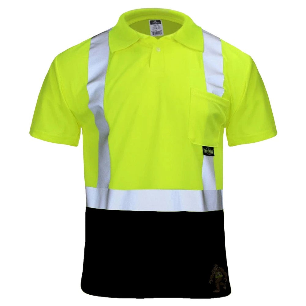ANSI Class 2 Hi-Vis Black Bottom Short Sleeve Safety Polo Shirt with Moisture Wicking Mesh & Reflective Tape