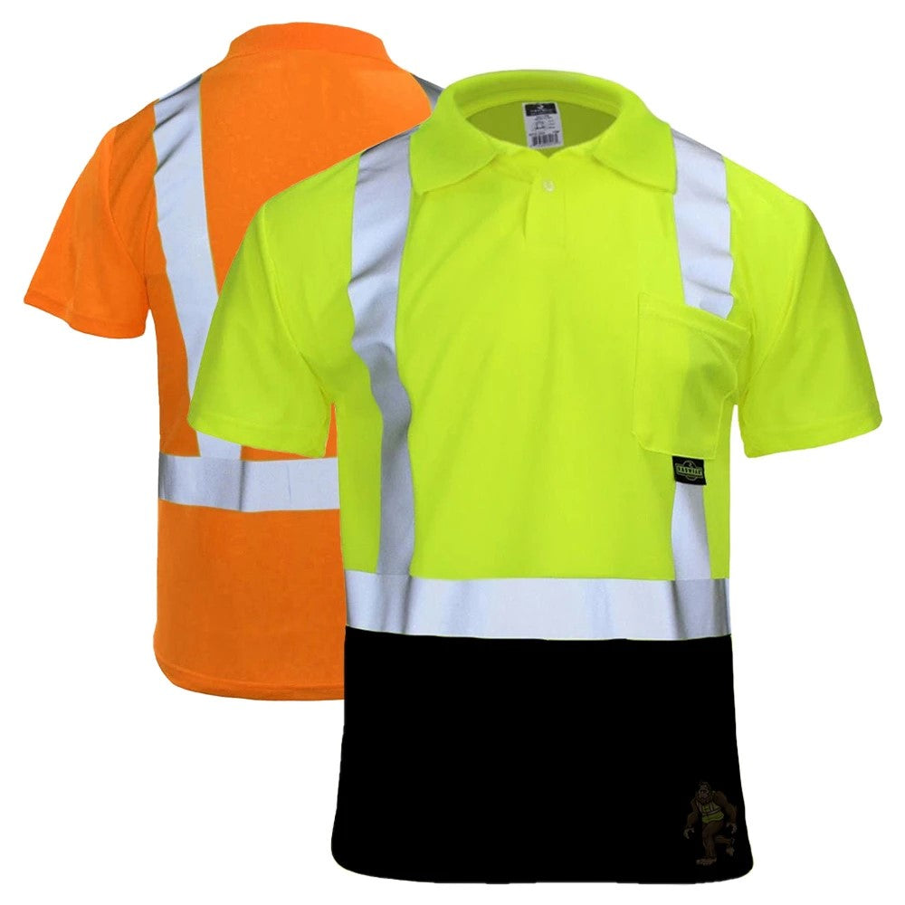 ANSI Class 2 Hi-Vis Black Bottom Short Sleeve Safety Polo Shirt with Moisture Wicking Mesh & Reflective Tape