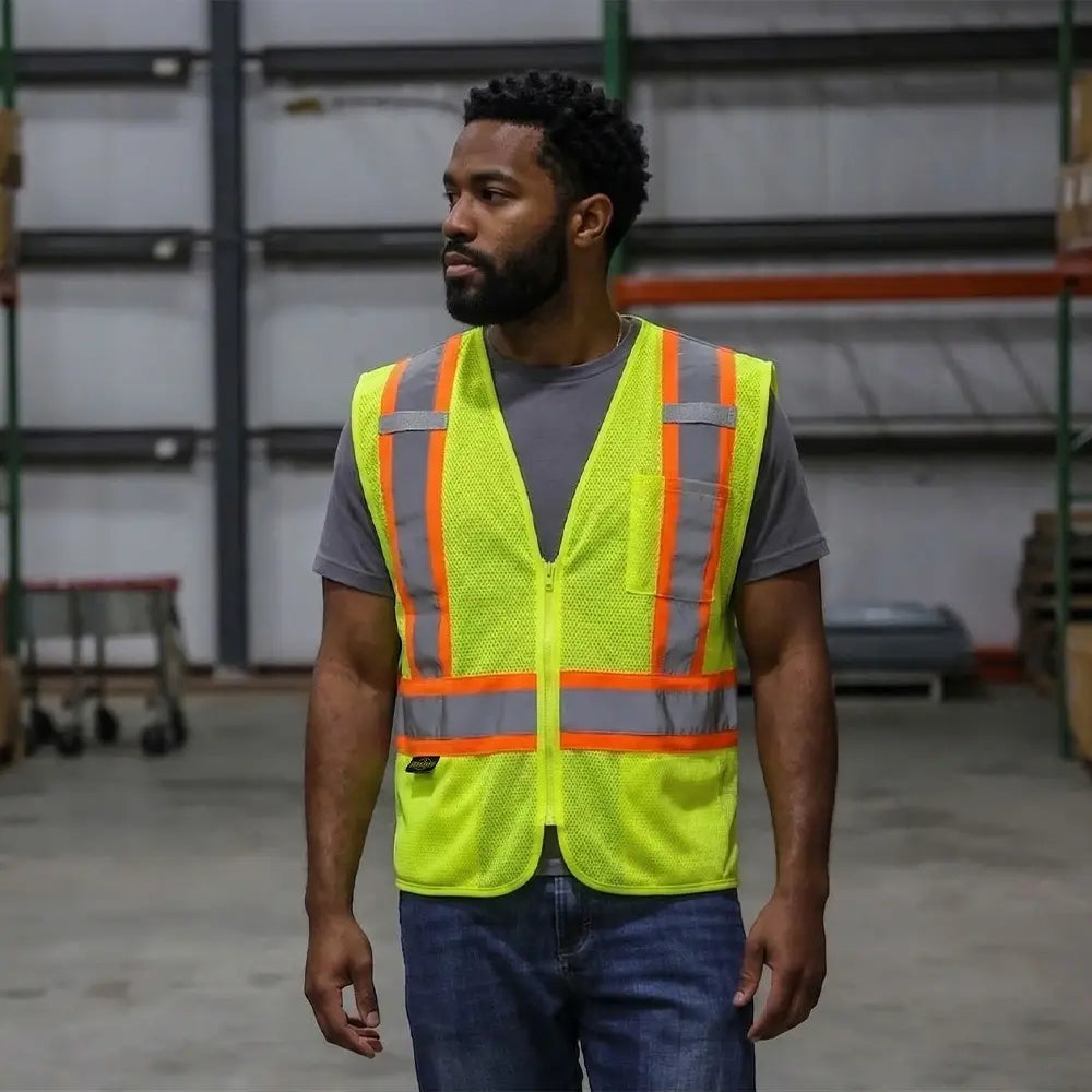 Class 2 Hi-Vis Economy Mesh Safety Vest with Zipper Closure, Reflective Tape & Contrast Trim, ANSI Type R Compliant, Orange/Lime, S-5XL