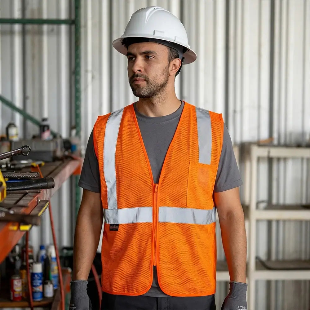 ANSI Class 2 Hi Vis Mesh Safety Vest with Zipper Closure, Reflective Stripes & Pockets, Type R Economy Work Vest, Lime/Orange, SM-5X
