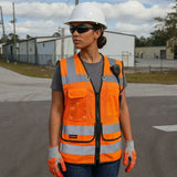 Women’s ANSI Class 2 Heavy Duty Surveyor Safety Vest with Zipper Closure & Reflective Stripes – Hi Vis Utility Work Vest for Construction, Traffic Control & Surveying