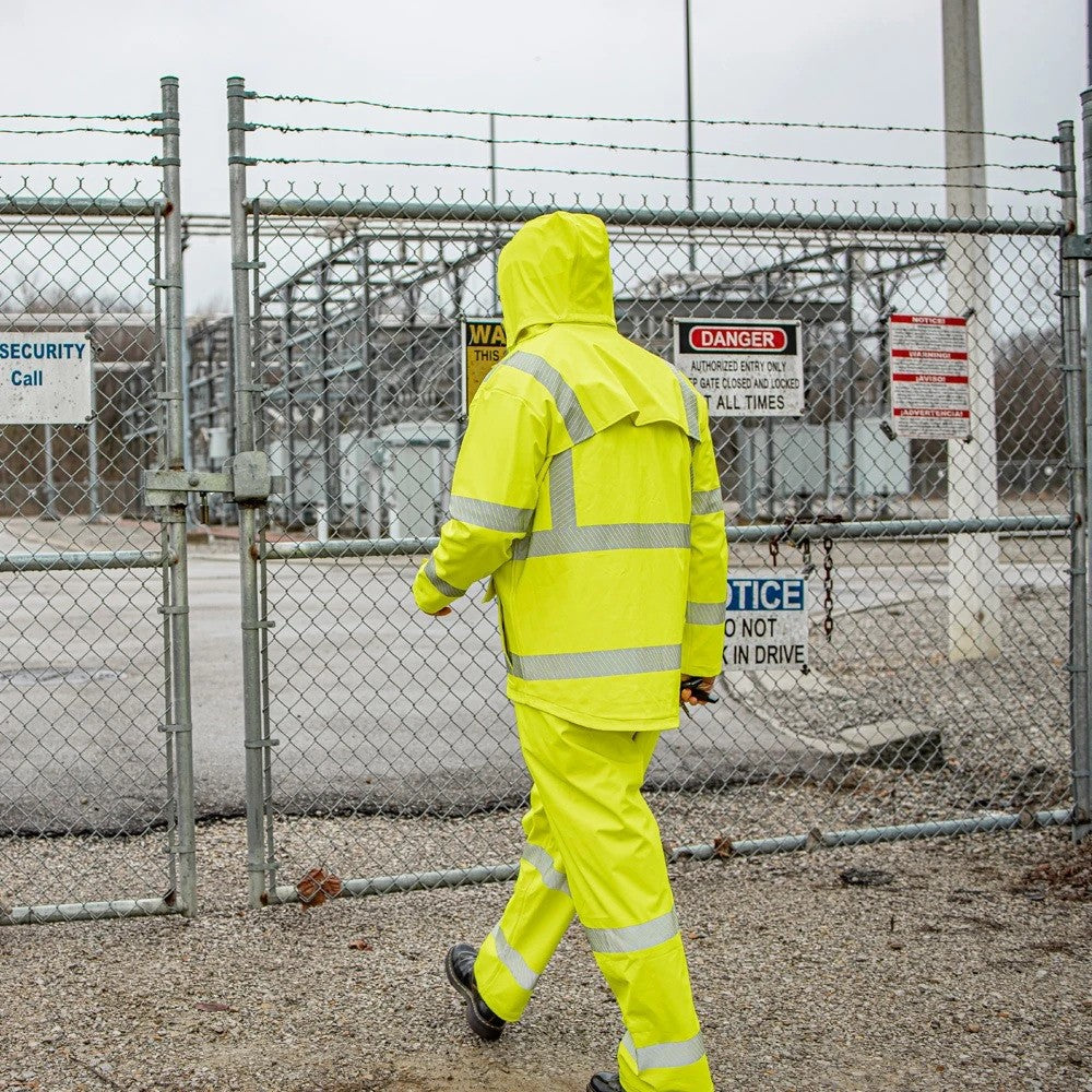ANSI Class 3 Hi-Vis Self-Extinguishing Rain Jacket with Waterproof PVC Coating & Reflective Tape