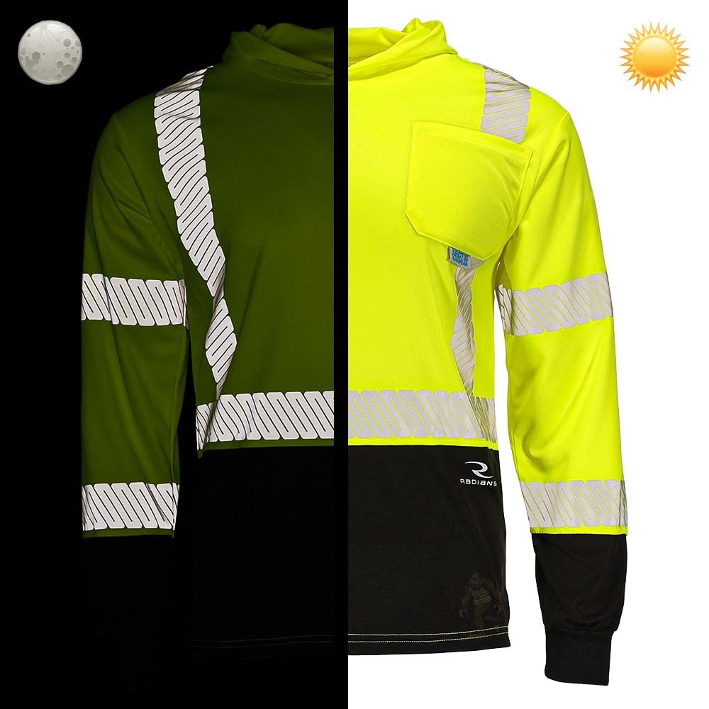 ANSI Class 3 Hi-Vis Hooded Long Sleeve Safety Shirt with UPF 40 Sun Protection, Black Bottom & Reflective Tape
