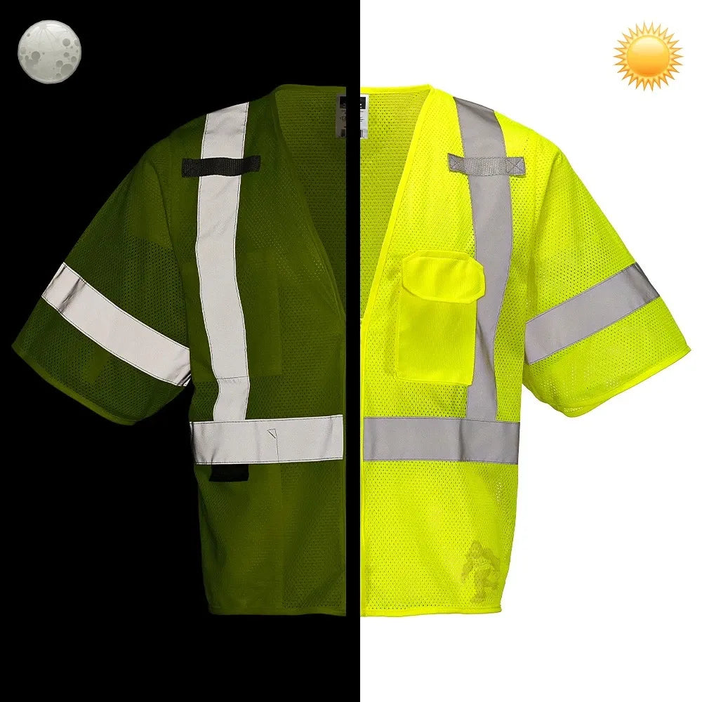 Class 3 Hi-Vis Mesh Safety Vest with Zipper Closure, Reflective Tape & Multi-Pocket Design, ANSI Type R Compliant, Lime/Orange, S-5XL
