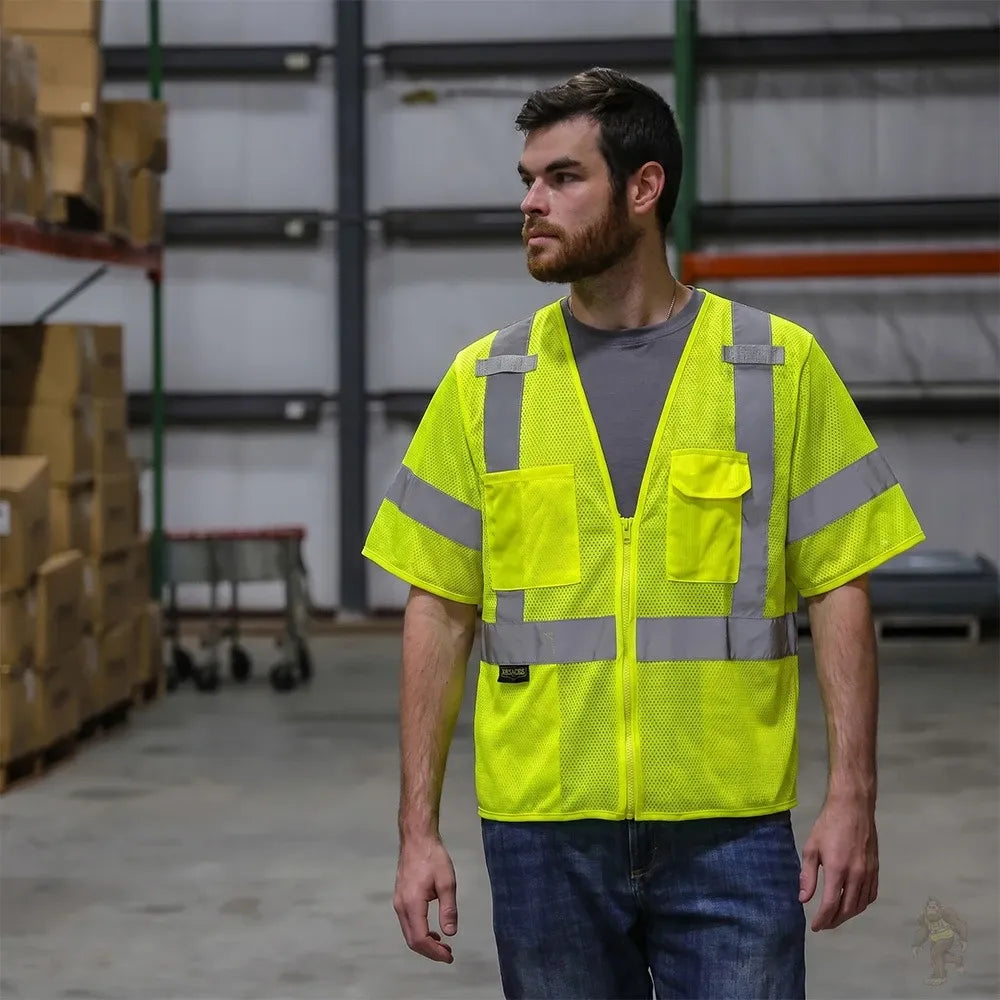 Class 3 Hi-Vis Mesh Safety Vest with Zipper Closure, Reflective Tape & Multi-Pocket Design, ANSI Type R Compliant, Lime/Orange, S-5XL